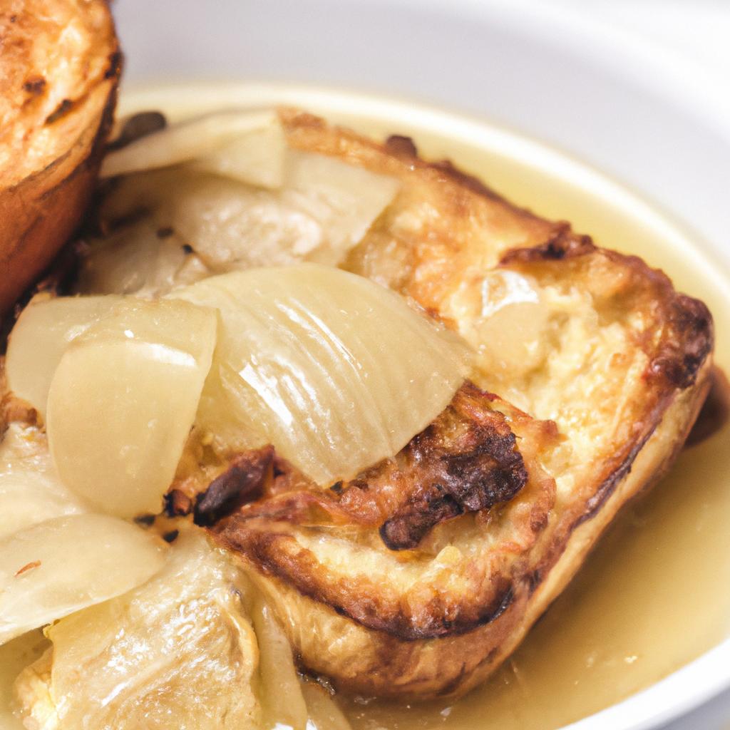 Warm and hearty cipollini onion soup with croutons and cheese